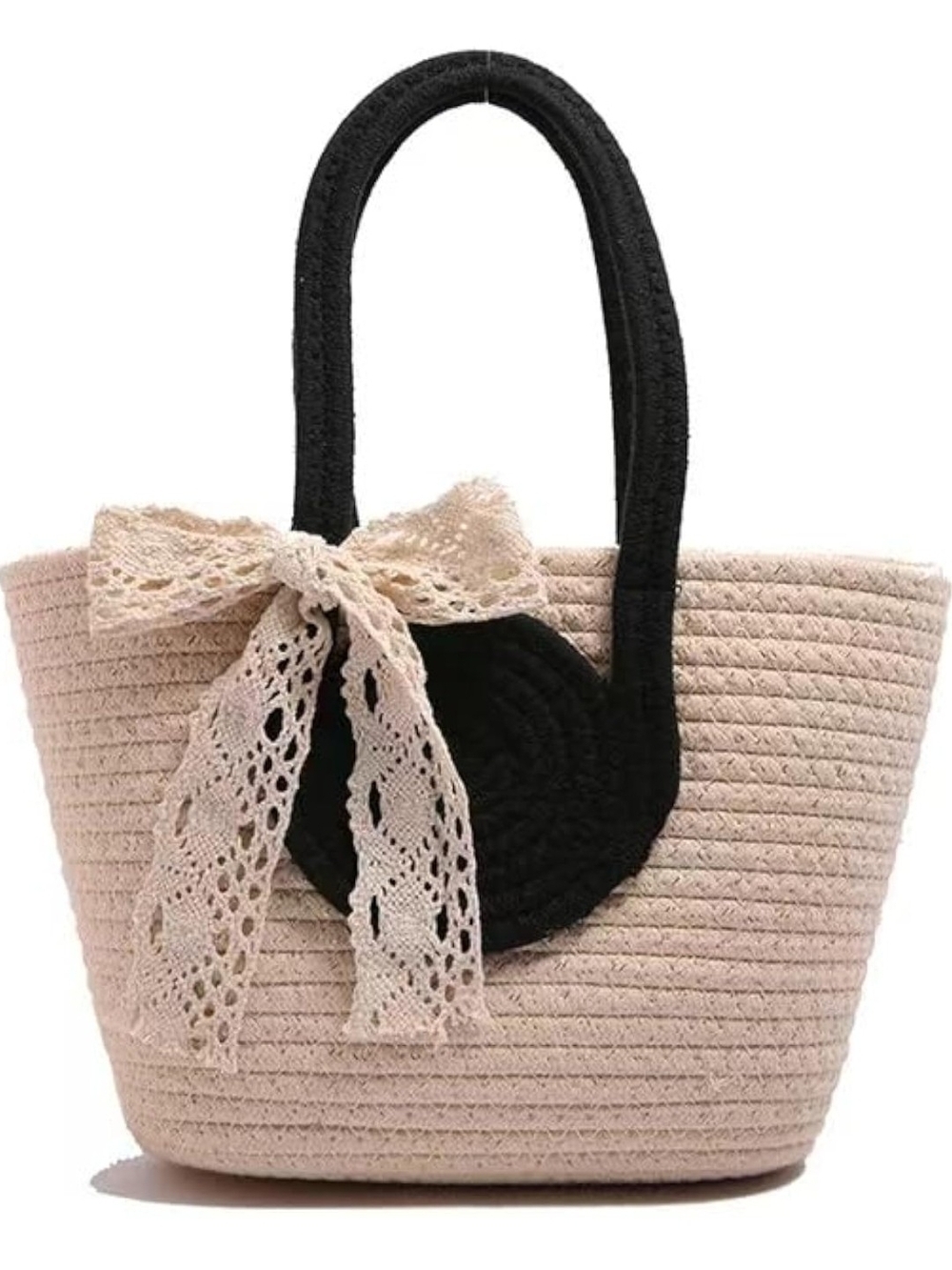 Beige Straw Tote Bag with Black Handles and Lace Bow